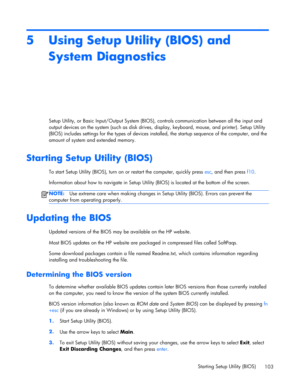 Using setup utility (bios) and system diagnostics, Starting setup utility (bios), Updating the bios | Determining the bios version, Starting setup utility (bios) updating the bios, 5using setup utility (bios) and system diagnostics | HP DV6 User Manual | Page 111 / 130