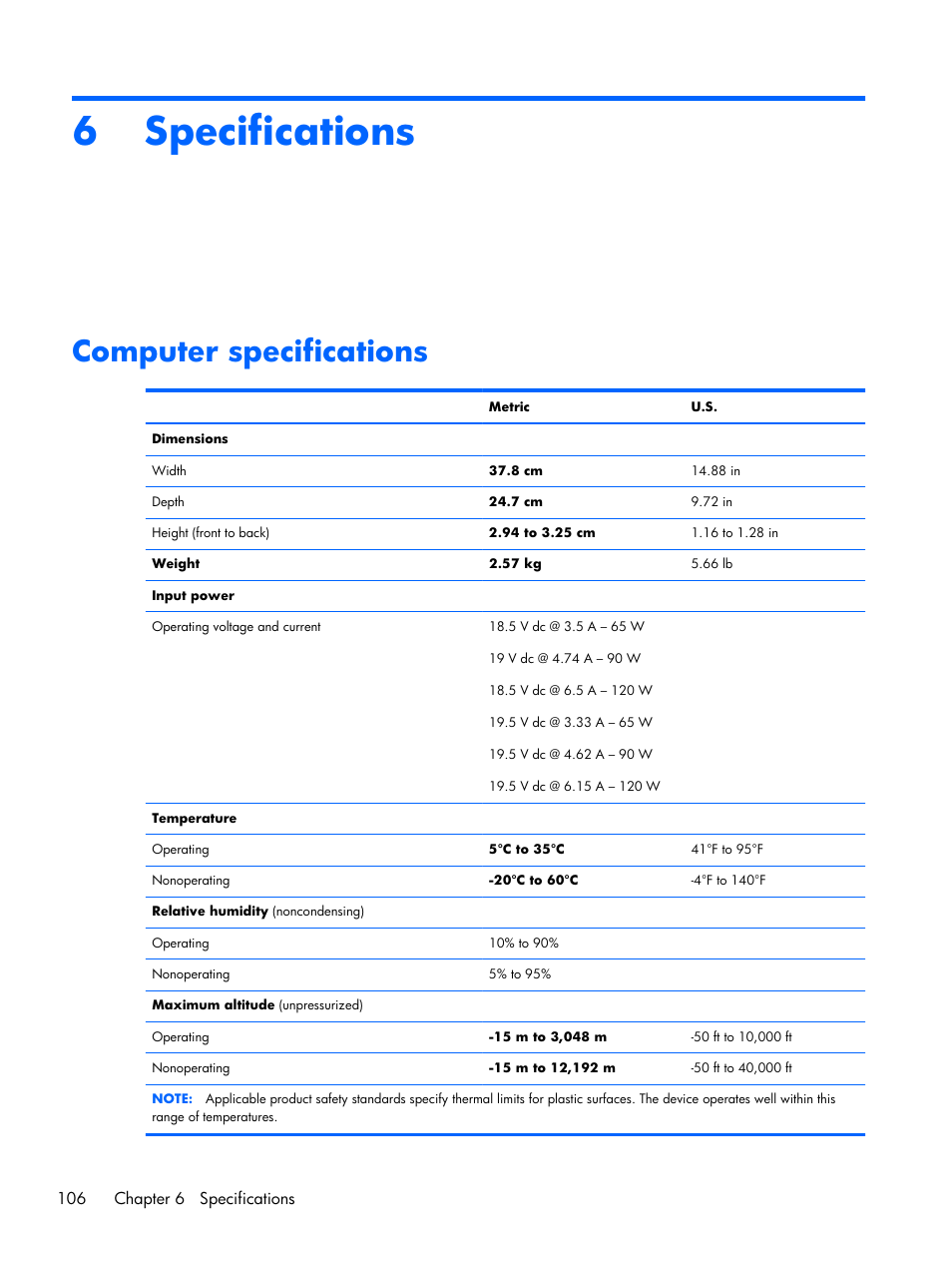 Specifications, Computer specifications, 6 specifications | 6specifications | HP DV6 User Manual | Page 114 / 130