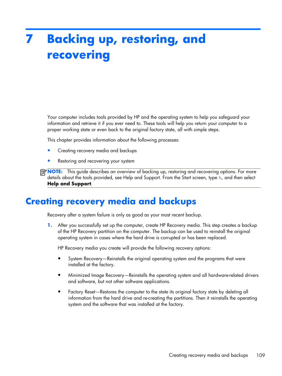 Backing up, restoring, and recovering, Creating recovery media and backups, 7 backing up, restoring, and recovering | 7backing up, restoring, and recovering | HP DV6 User Manual | Page 117 / 130