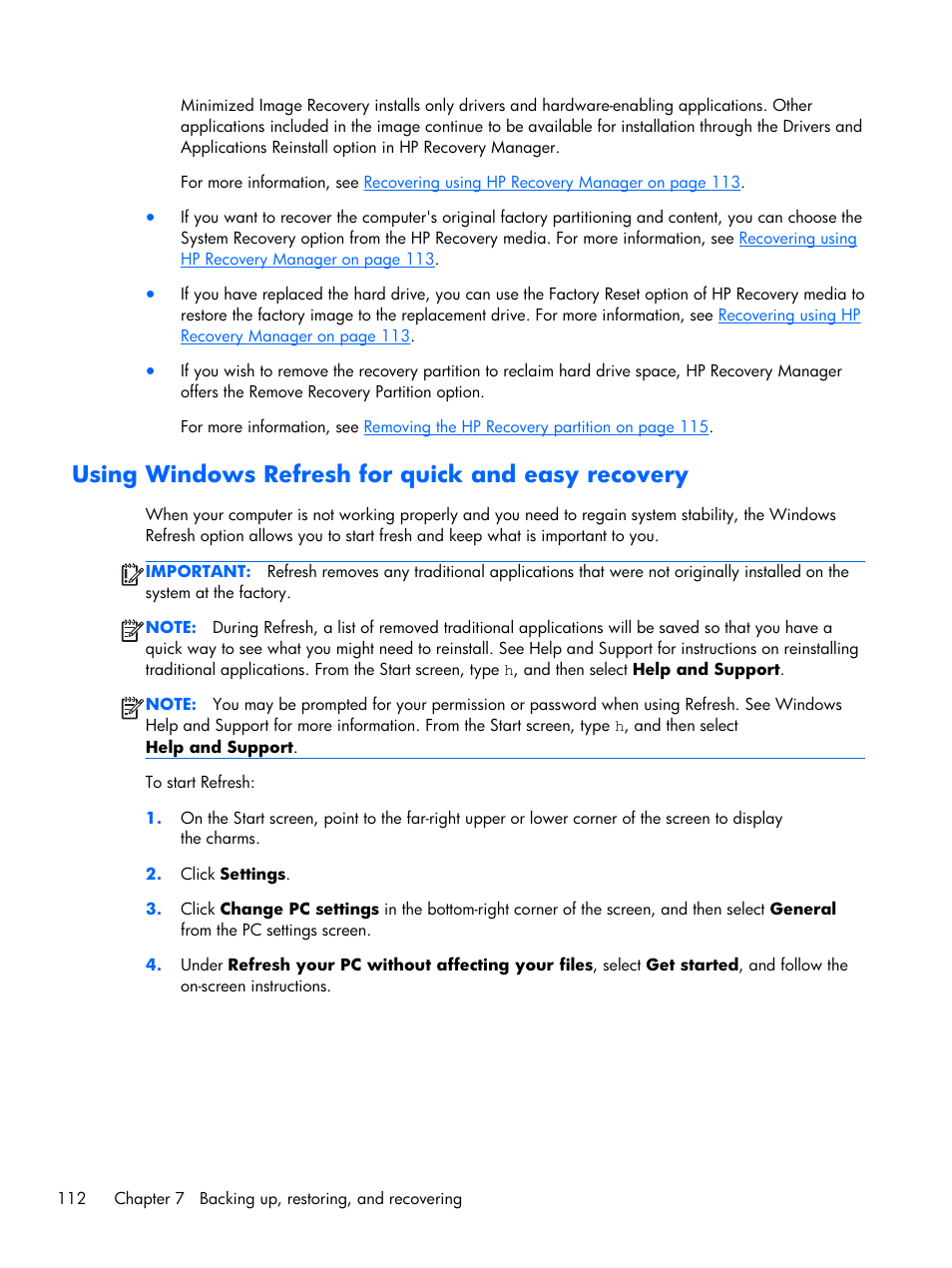 Using windows refresh for quick and easy recovery | HP DV6 User Manual | Page 120 / 130