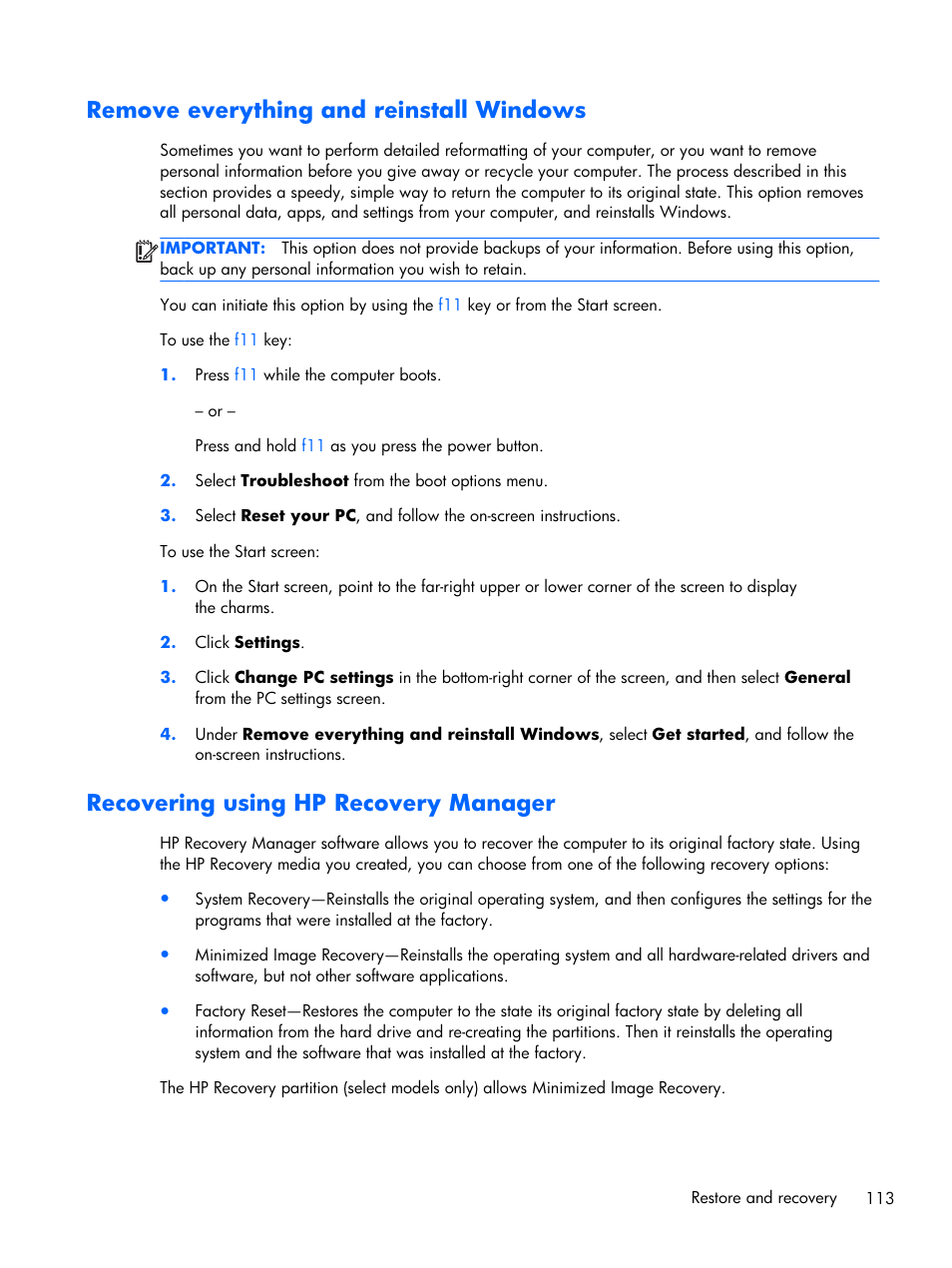 Remove everything and reinstall windows, Recovering using hp recovery manager, N, see | Recovering using, Recovering using hp | HP DV6 User Manual | Page 121 / 130