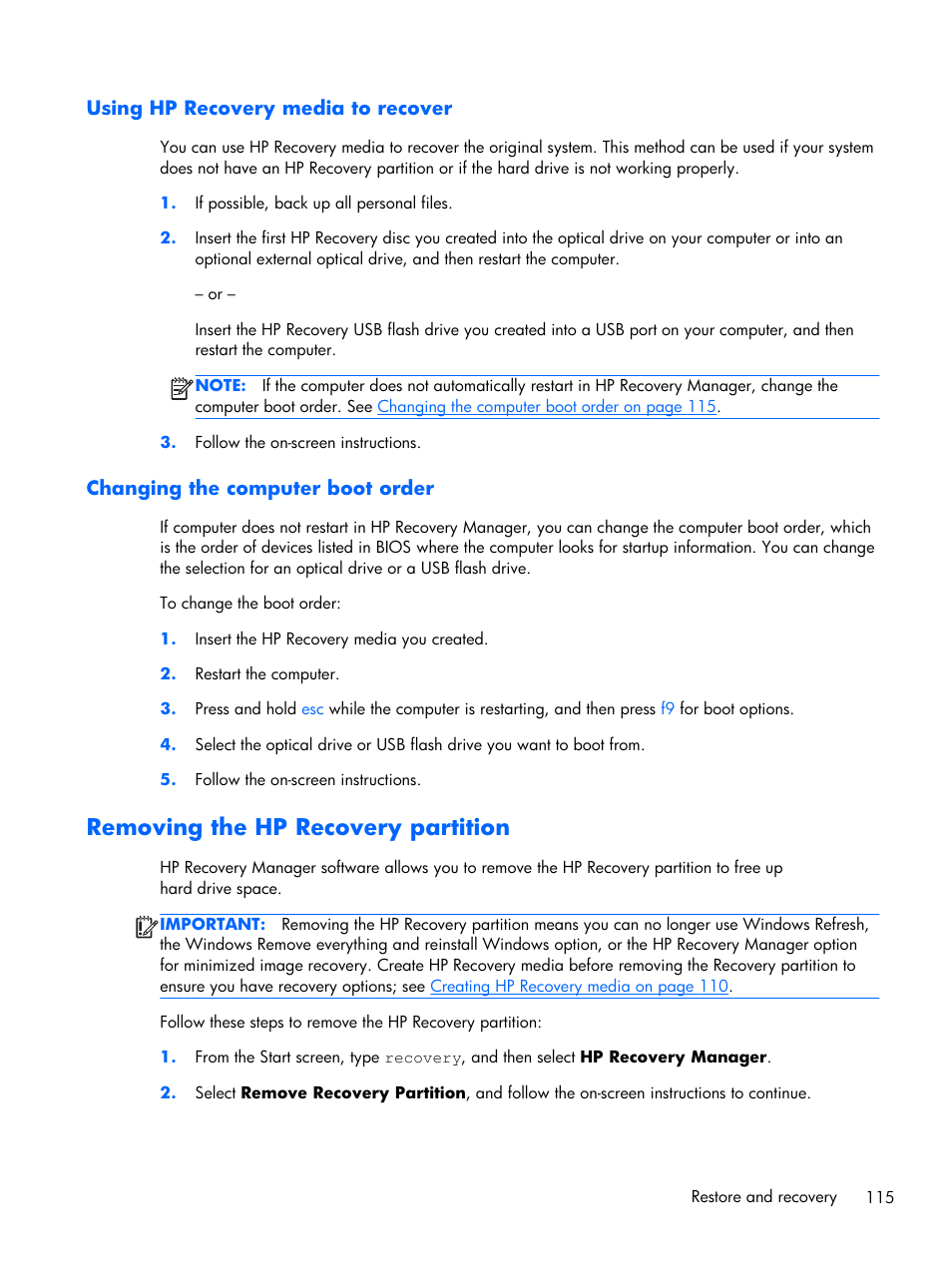 Using hp recovery media to recover, Changing the computer boot order, Removing the hp recovery partition | N, see | HP DV6 User Manual | Page 123 / 130