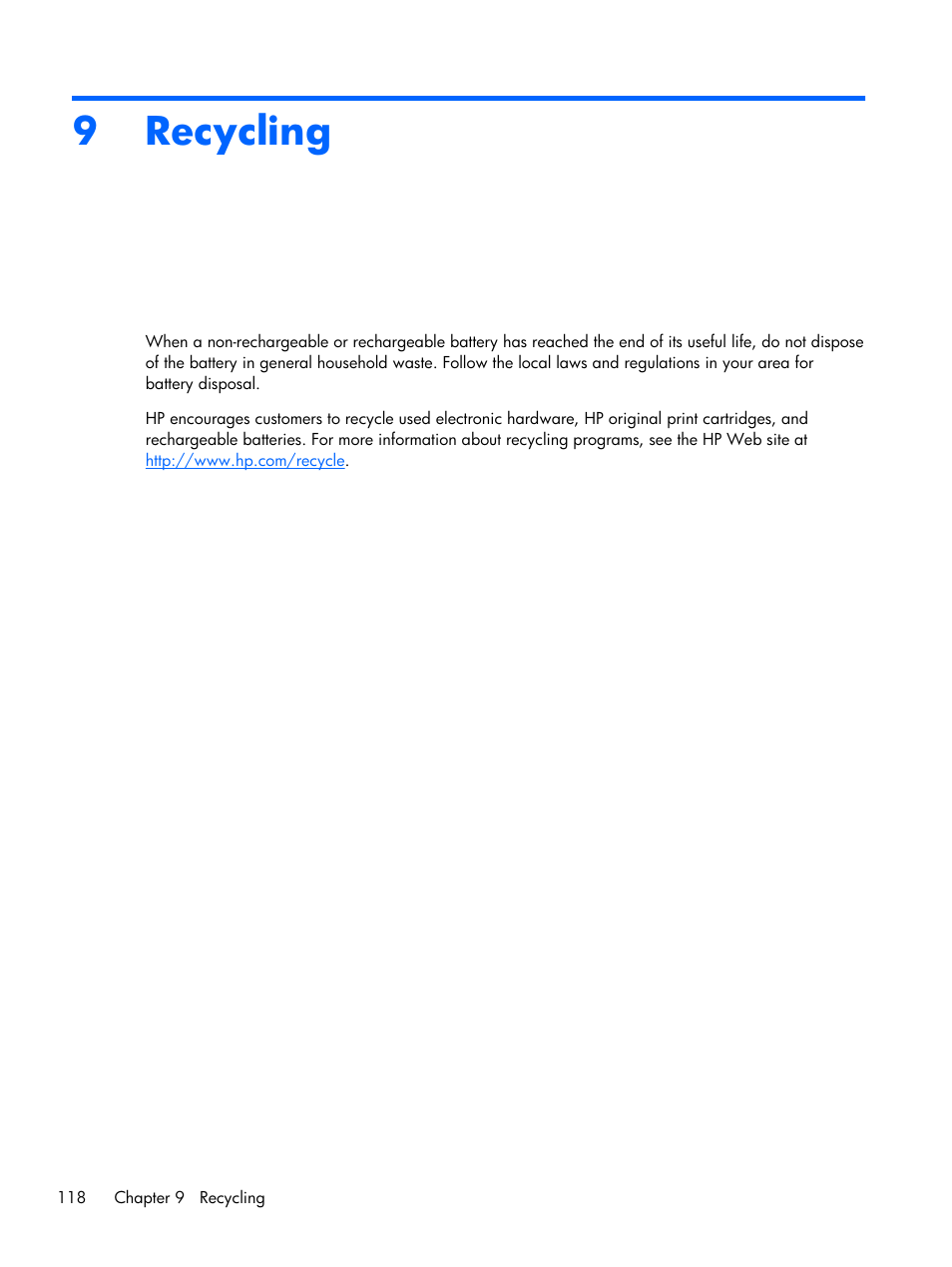 Recycling, 9 recycling, 9recycling | HP DV6 User Manual | Page 126 / 130