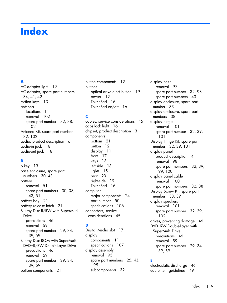 Index | HP DV6 User Manual | Page 127 / 130