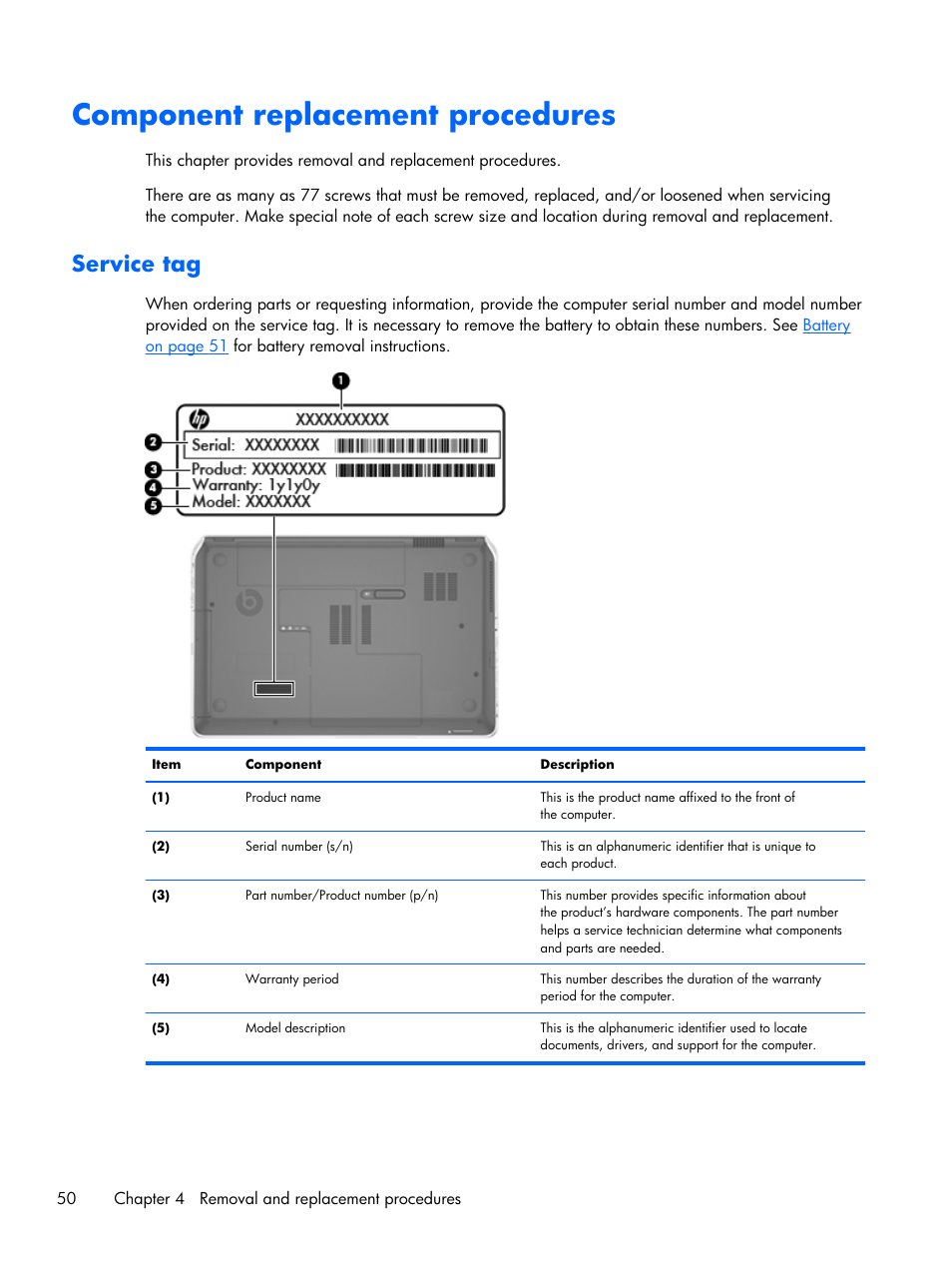Component replacement procedures, Service tag | HP DV6 User Manual | Page 58 / 130