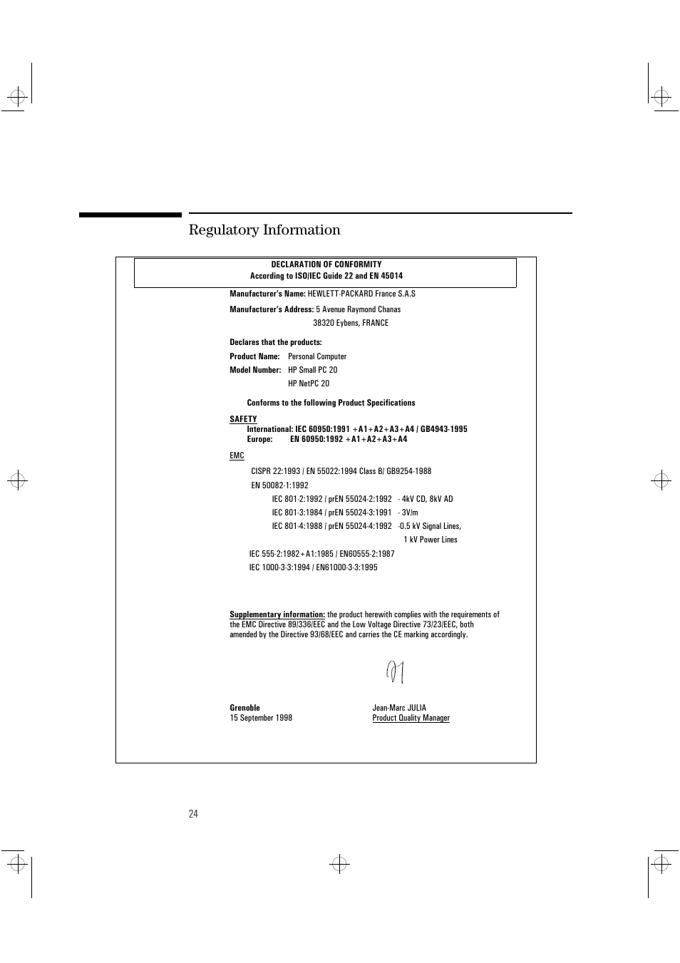 Regulatory information | HP NetVectra N20 User Manual | Page 30 / 38