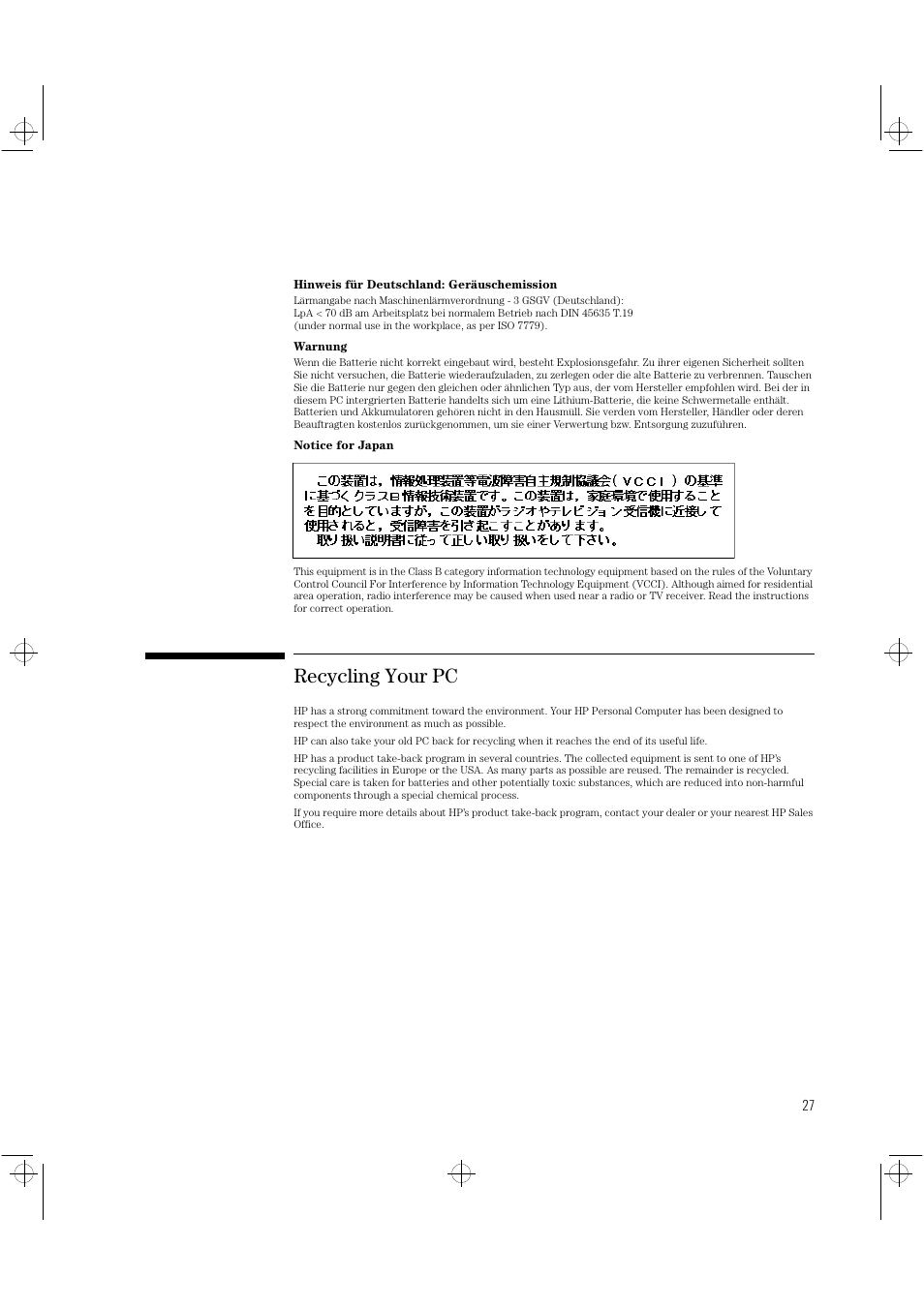 Recycling your pc | HP NetVectra N20 User Manual | Page 33 / 38