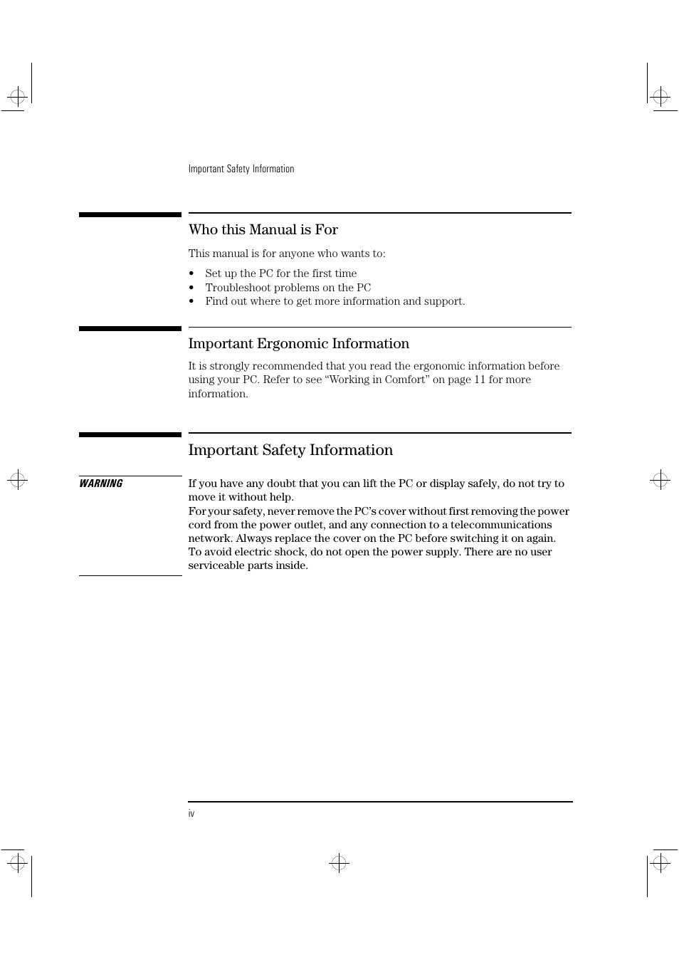 Important safety information, Who this manual is for, Important ergonomic information | HP NetVectra N20 User Manual | Page 4 / 38