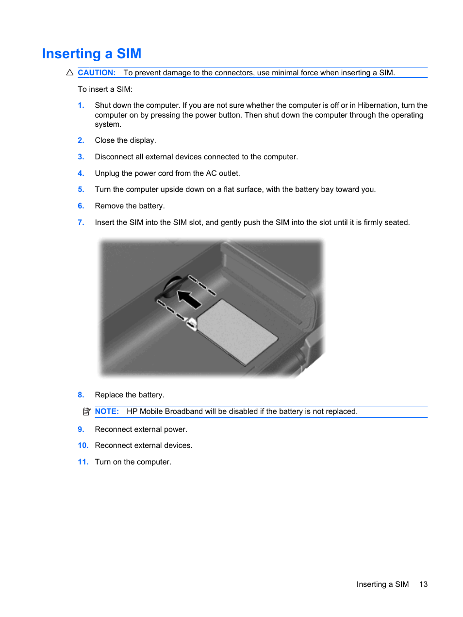 Inserting a sim | HP Wireless Device User Manual | Page 19 / 31