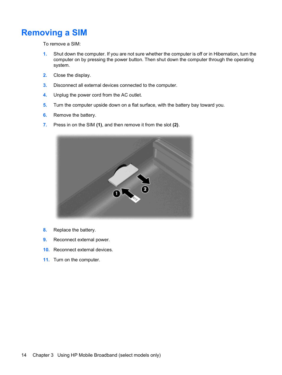 Removing a sim | HP Wireless Device User Manual | Page 20 / 31