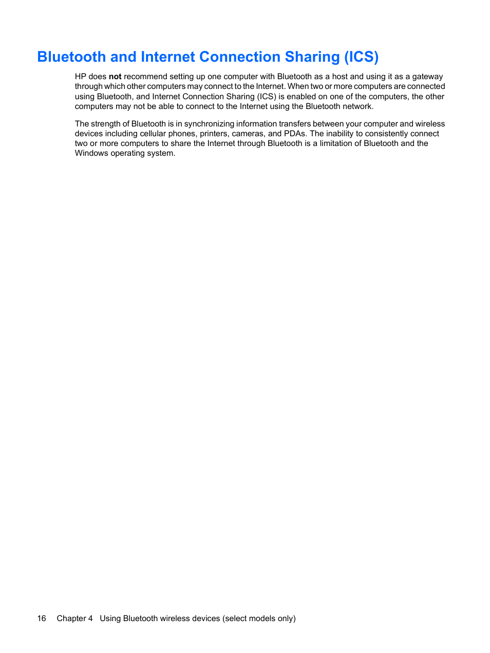Bluetooth and internet connection sharing (ics) | HP Wireless Device User Manual | Page 22 / 31