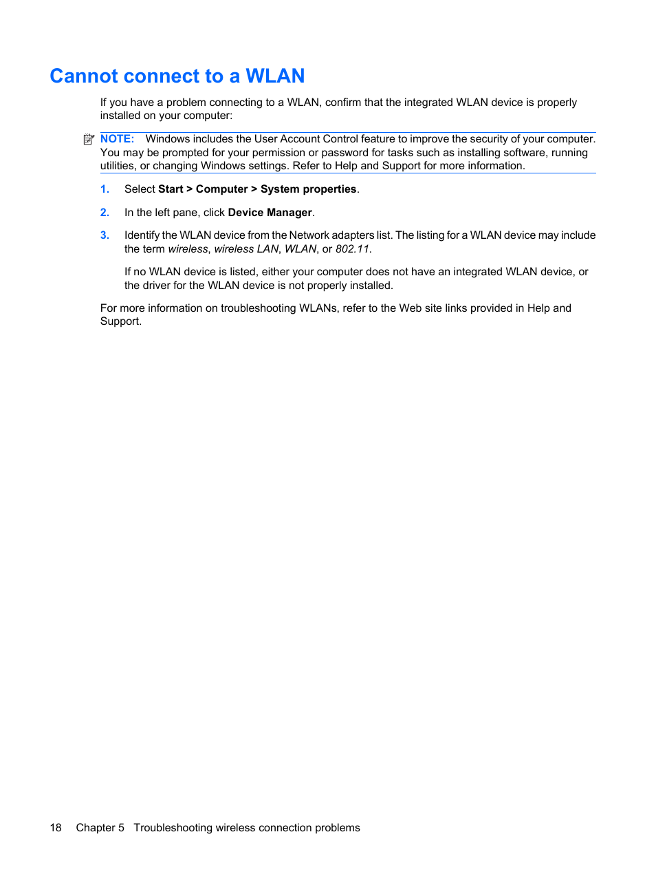 Cannot connect to a wlan | HP Wireless Device User Manual | Page 24 / 31