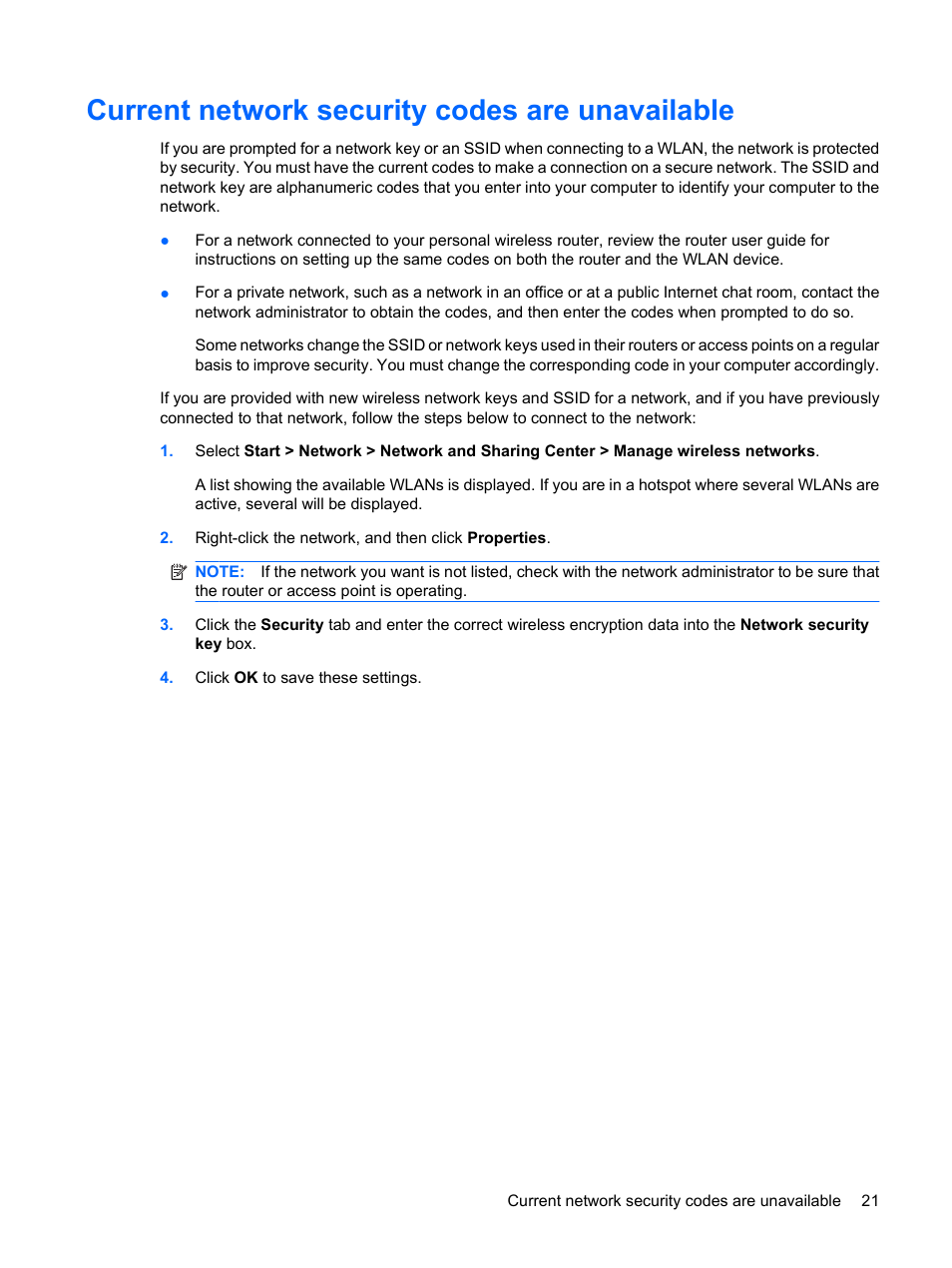 Current network security codes are unavailable | HP Wireless Device User Manual | Page 27 / 31