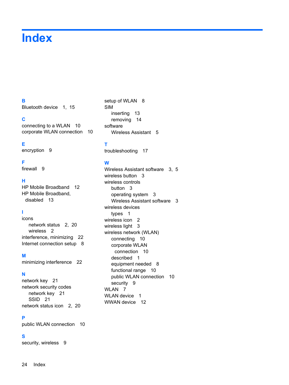 Index | HP Wireless Device User Manual | Page 30 / 31