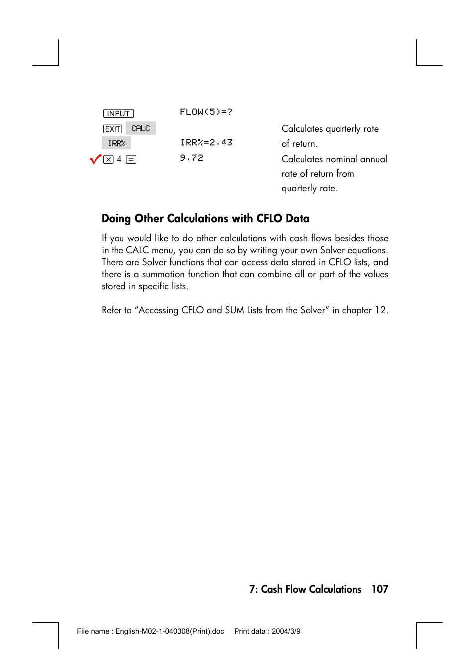 Doing other calculations with cflo data | HP 17bII+ User Manual | Page 107 / 310