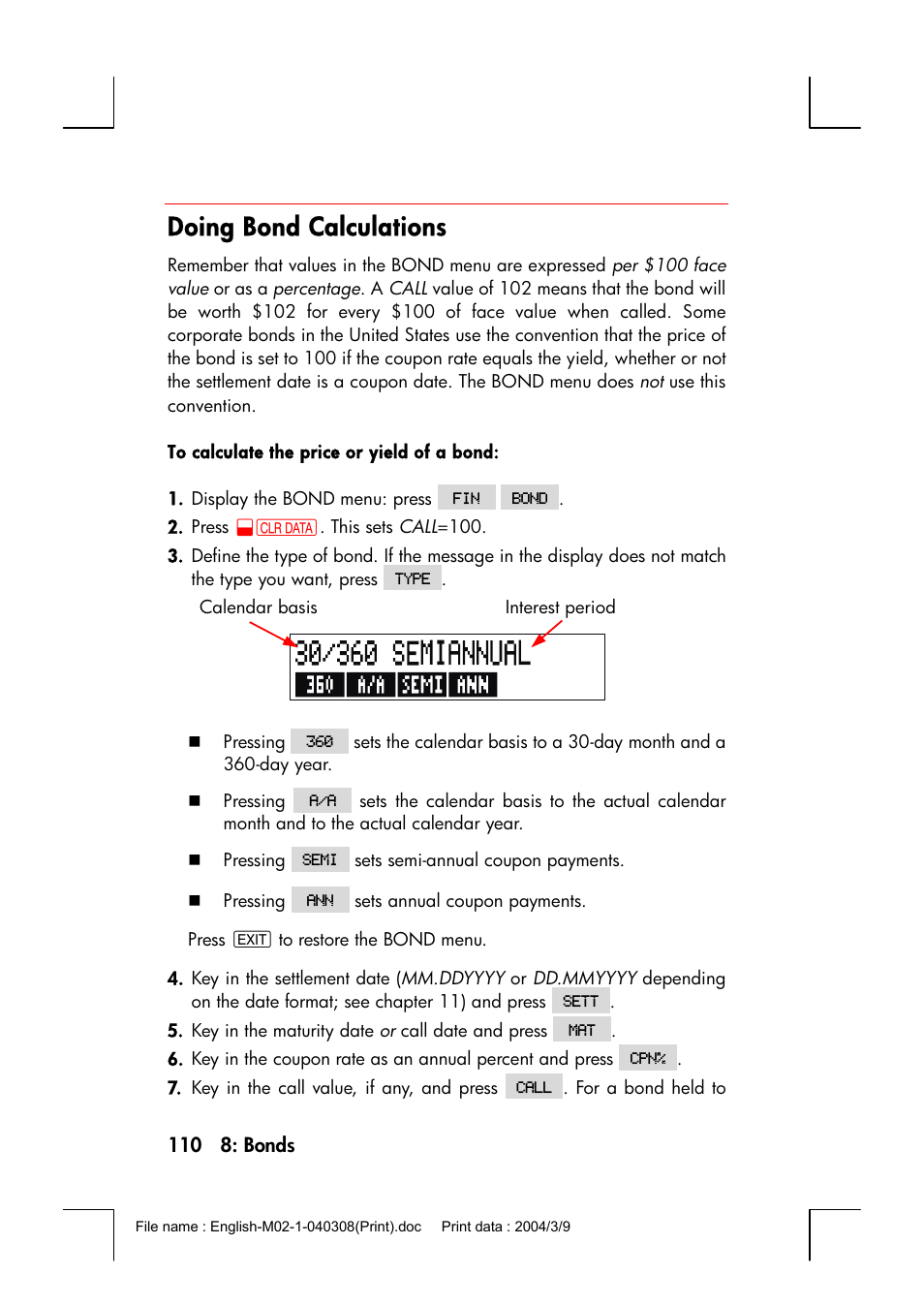 Doing bond calculations | HP 17bII+ User Manual | Page 110 / 310