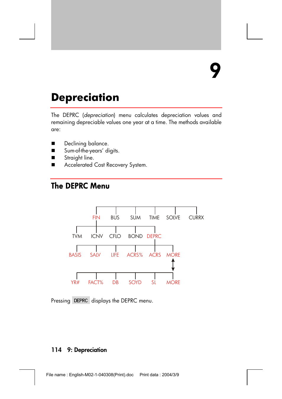 Depreciation, The deprc menu | HP 17bII+ User Manual | Page 114 / 310