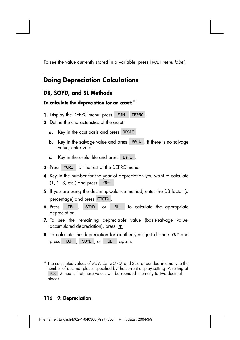Doing depreciation calculations, Db, soyd, and sl methods | HP 17bII+ User Manual | Page 116 / 310