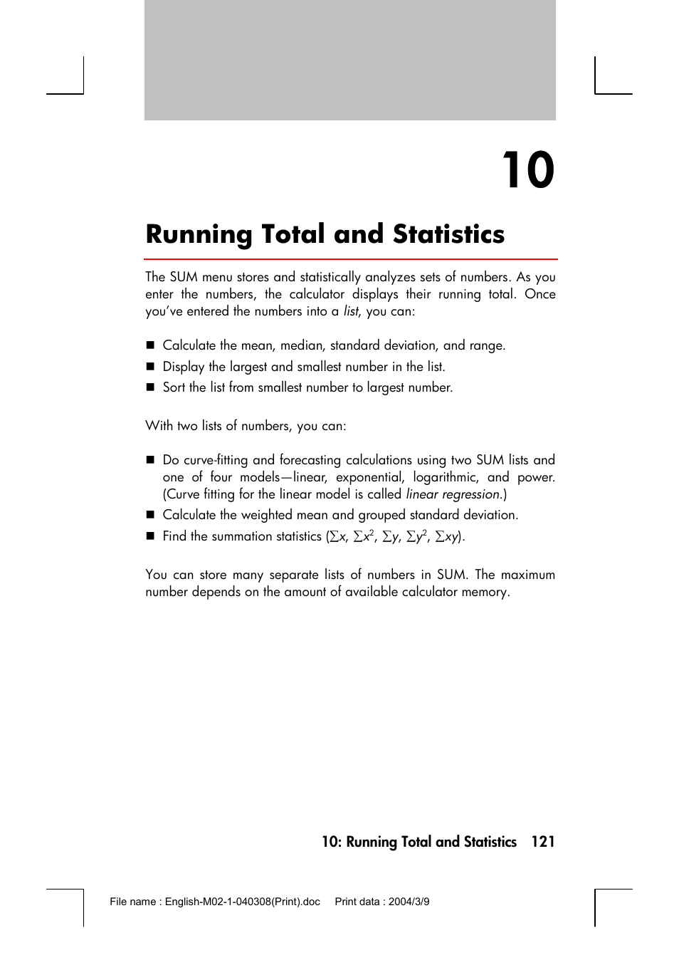 Running total and statistics | HP 17bII+ User Manual | Page 121 / 310