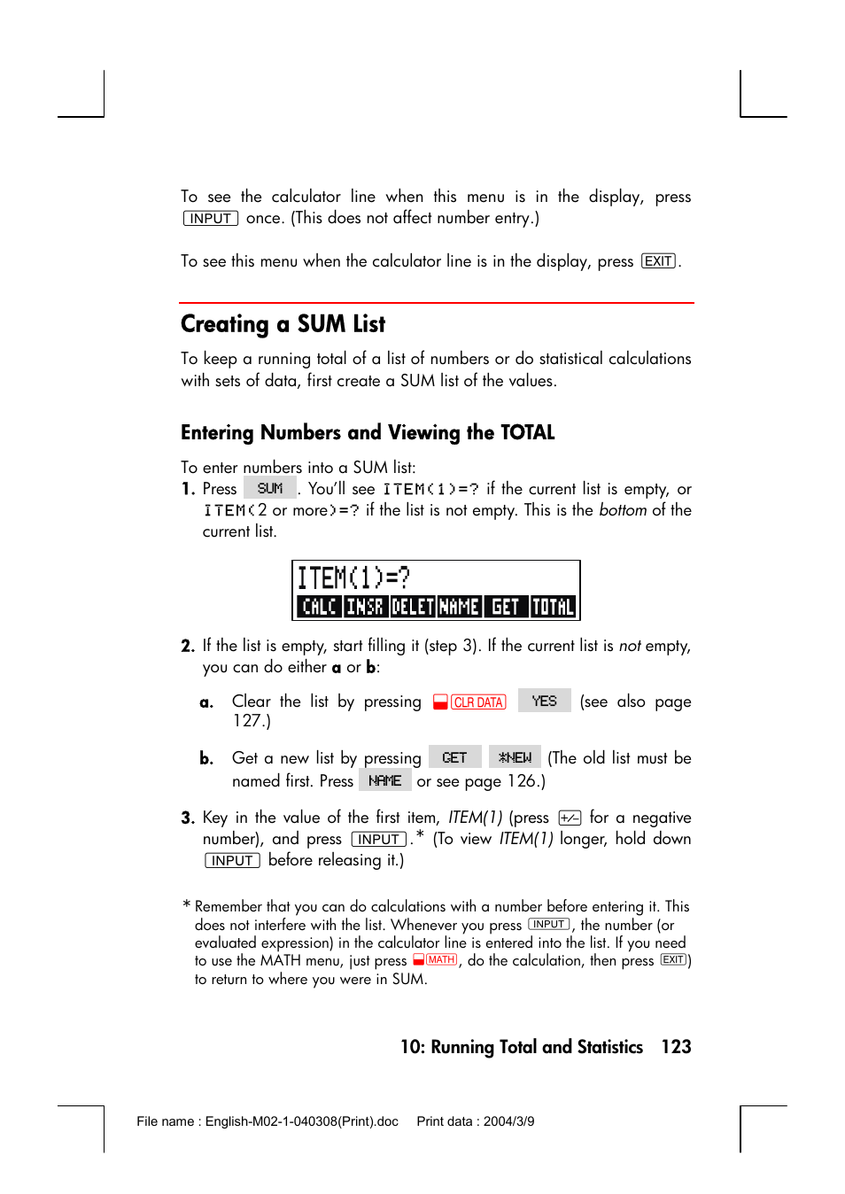 Creating a sum list, Entering numbers and viewing the total | HP 17bII+ User Manual | Page 123 / 310