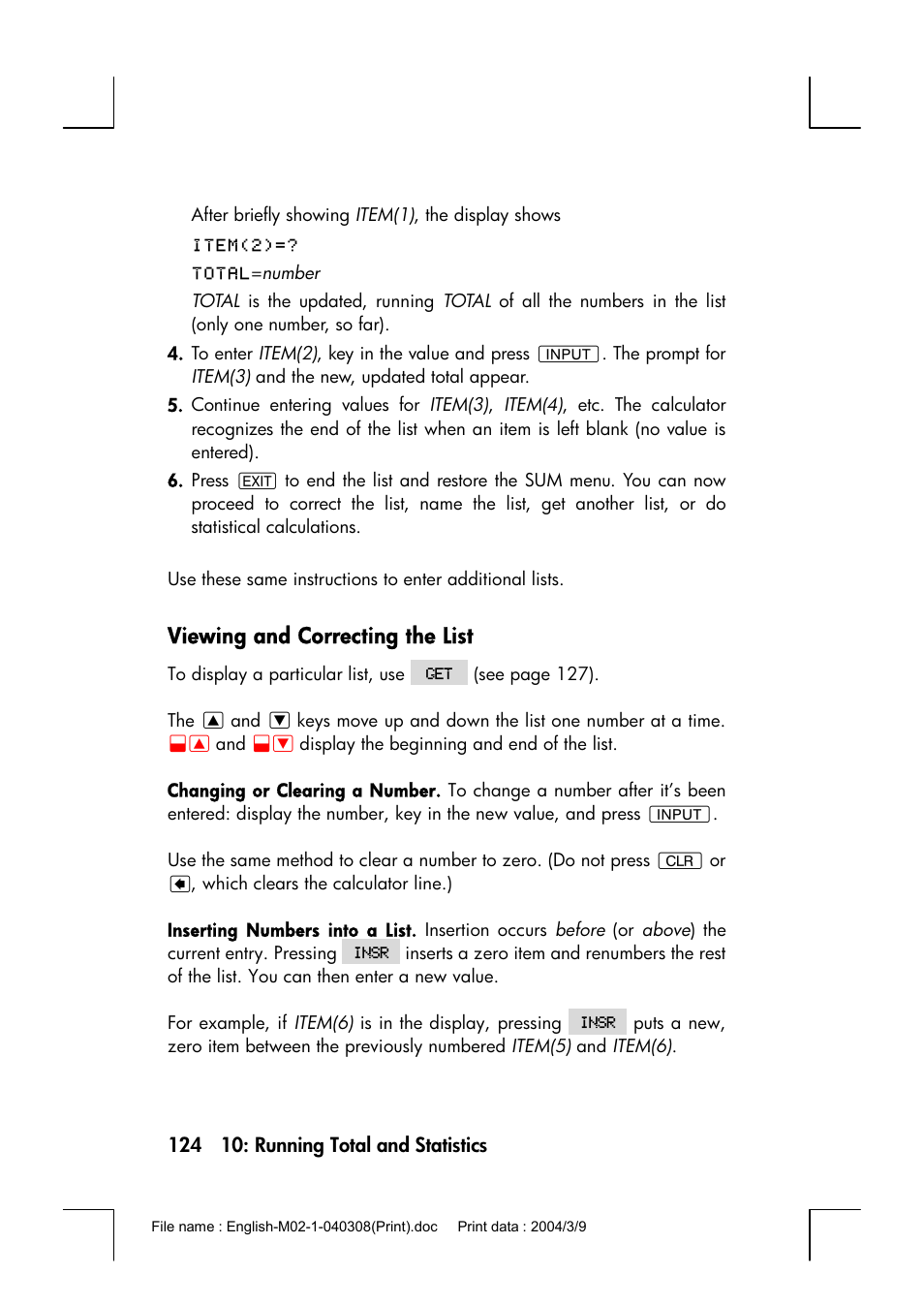Viewing and correcting the list | HP 17bII+ User Manual | Page 124 / 310