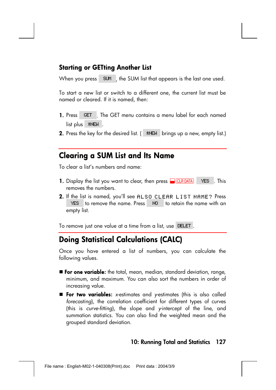 Starting or getting another list, Clearing a sum list and its name, Doing statistical calculations (calc) | HP 17bII+ User Manual | Page 127 / 310