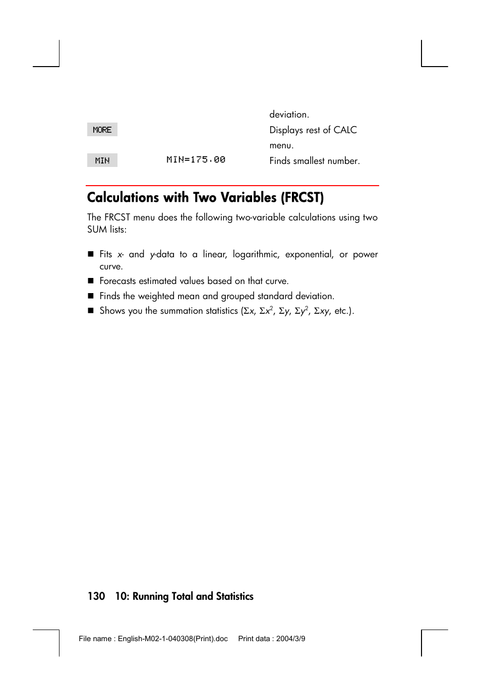 Calculations with two variables (frcst) | HP 17bII+ User Manual | Page 130 / 310