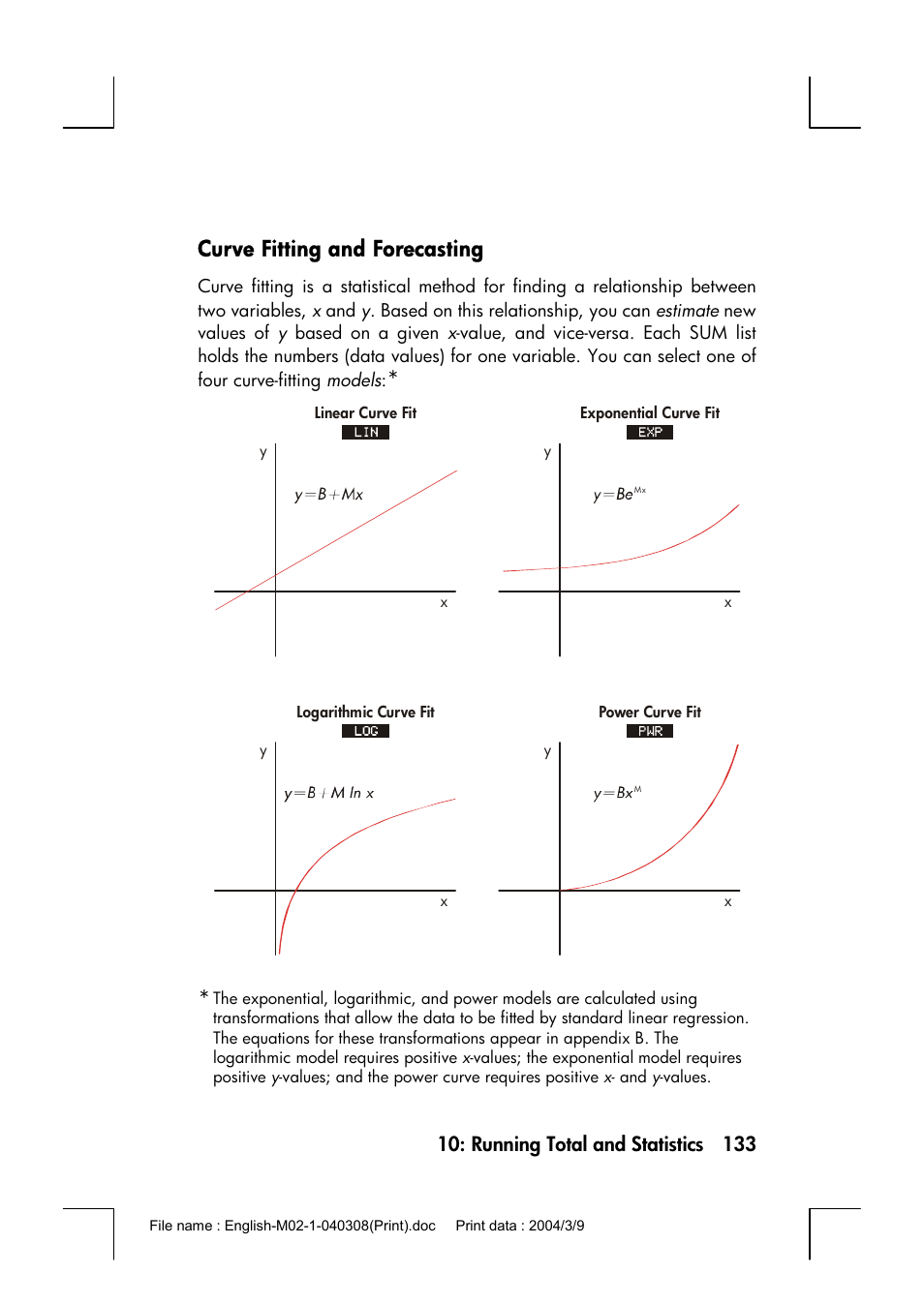 Curve fitting and forecasting | HP 17bII+ User Manual | Page 133 / 310