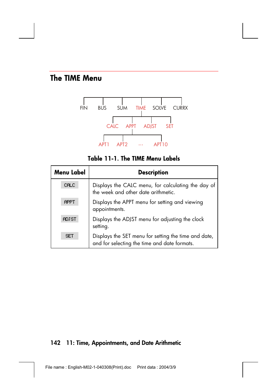 The time menu | HP 17bII+ User Manual | Page 142 / 310
