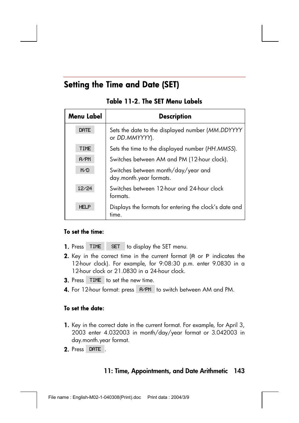 Setting the time and date (set) | HP 17bII+ User Manual | Page 143 / 310