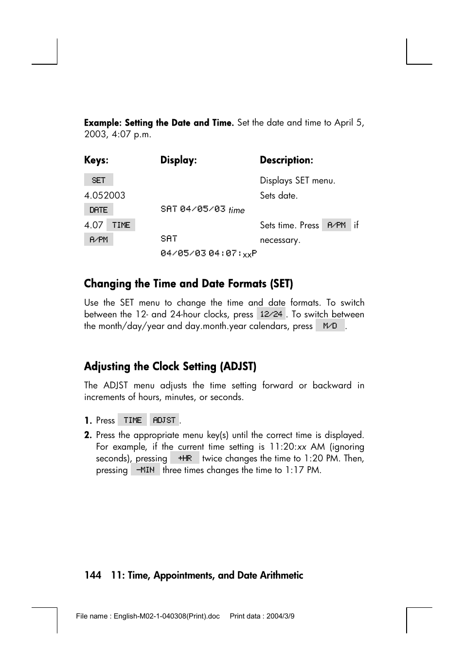Changing the time and date formats (set), Adjusting the clock setting (adjst) | HP 17bII+ User Manual | Page 144 / 310