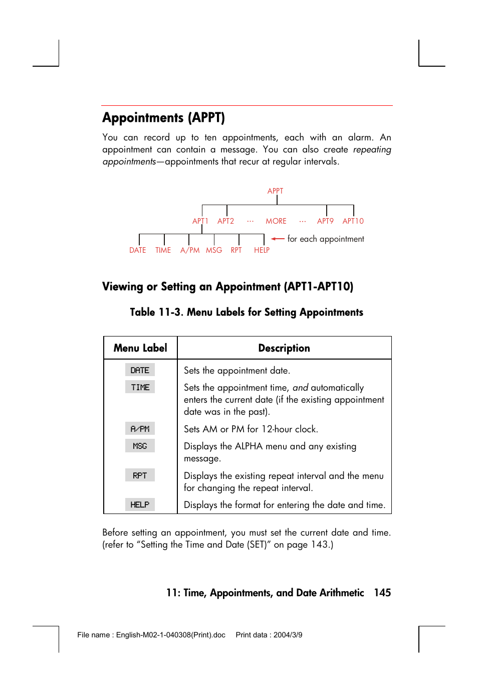 Appointments (appt), Viewing or setting an appointment (apt1-apt10) | HP 17bII+ User Manual | Page 145 / 310