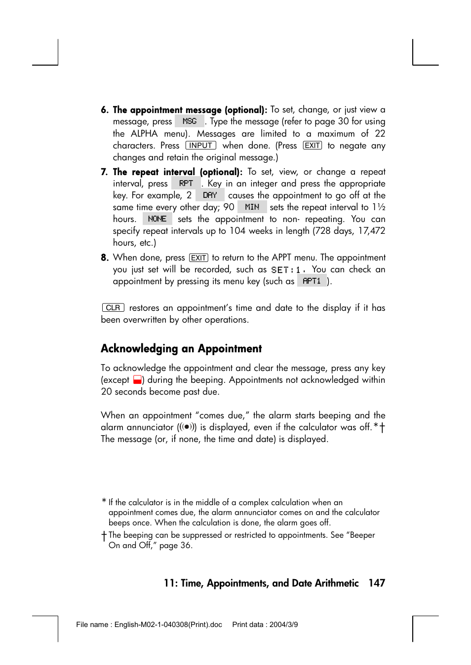Acknowledging an appointment | HP 17bII+ User Manual | Page 147 / 310