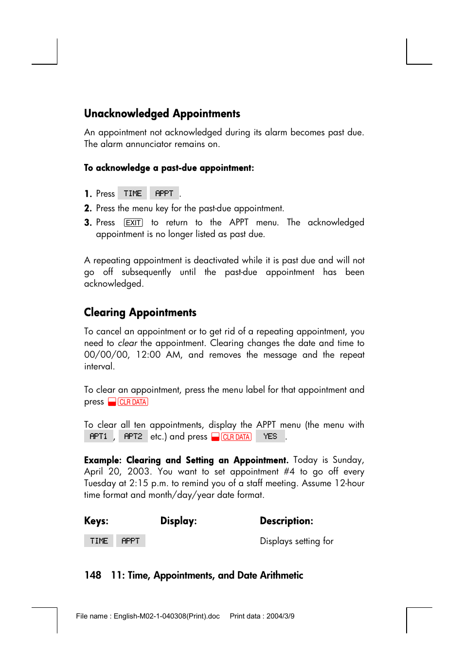 Unacknowledged appointments, Clearing appointments | HP 17bII+ User Manual | Page 148 / 310