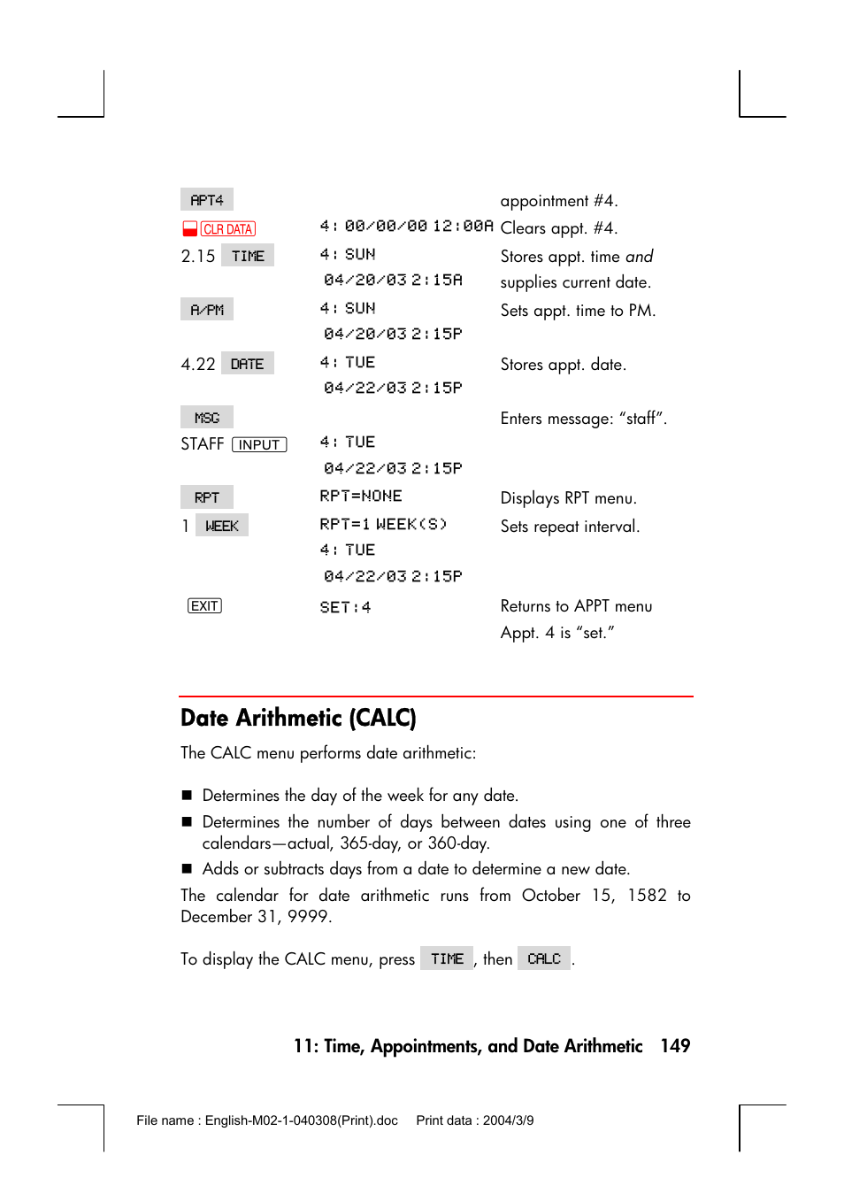 Date arithmetic (calc) | HP 17bII+ User Manual | Page 149 / 310