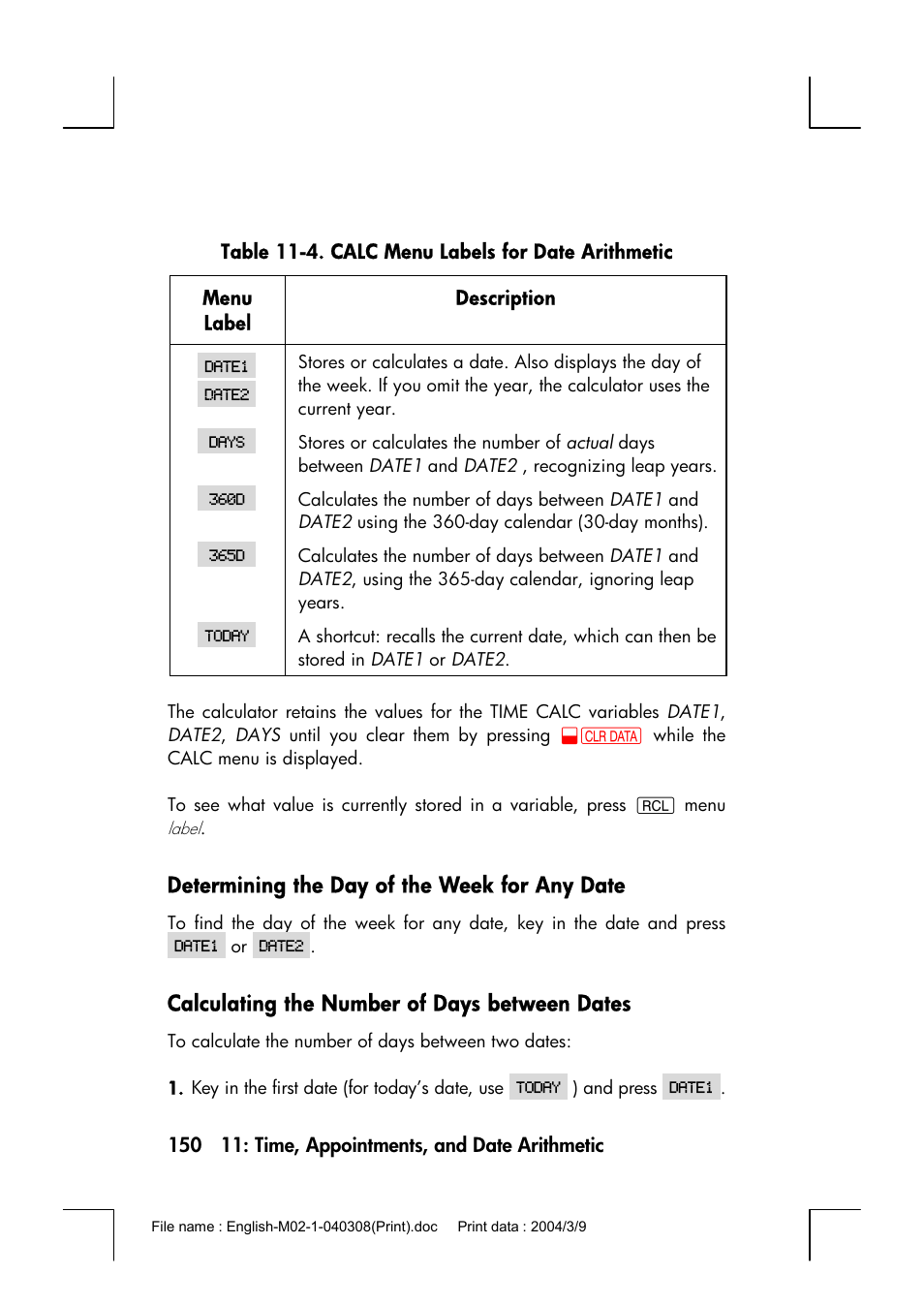 Determining the day of the week for any date, Calculating the number of days between dates | HP 17bII+ User Manual | Page 150 / 310