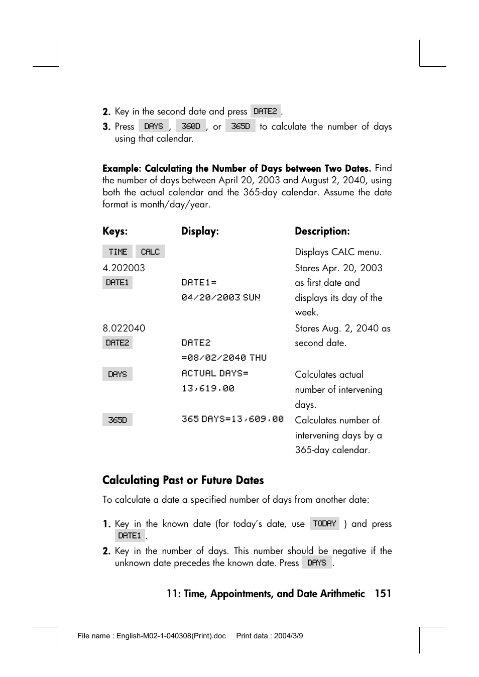 Calculating past or future dates | HP 17bII+ User Manual | Page 151 / 310