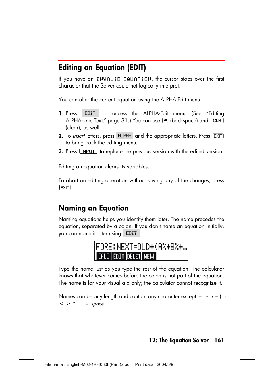 Editing an equation (edit), Naming an equation | HP 17bII+ User Manual | Page 161 / 310