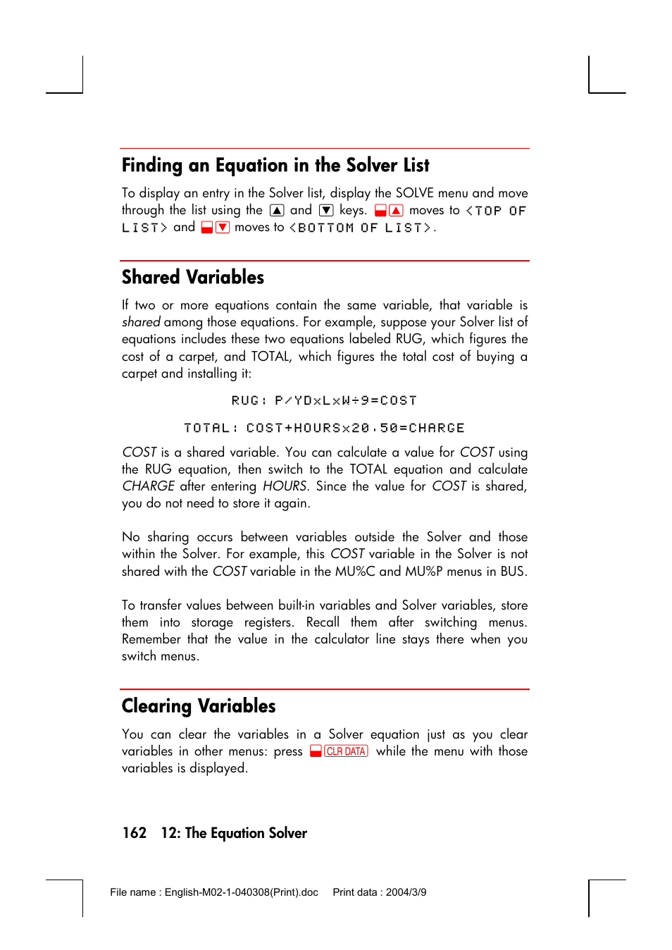 Finding an equation in the solver list, Shared variables, Clearing variables | HP 17bII+ User Manual | Page 162 / 310