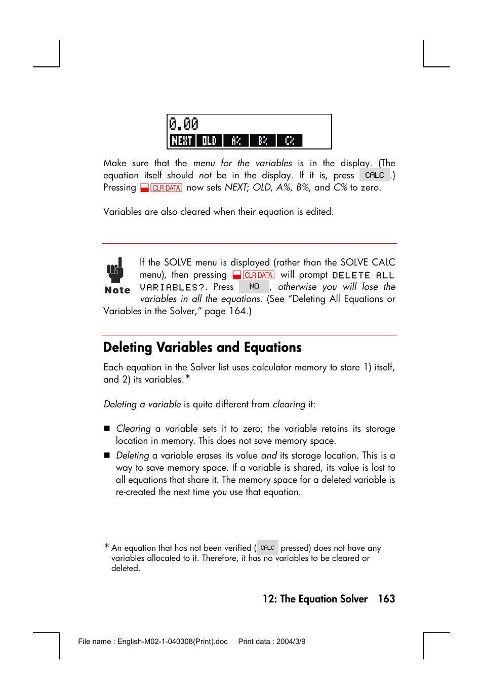 Deleting variables and equations | HP 17bII+ User Manual | Page 163 / 310