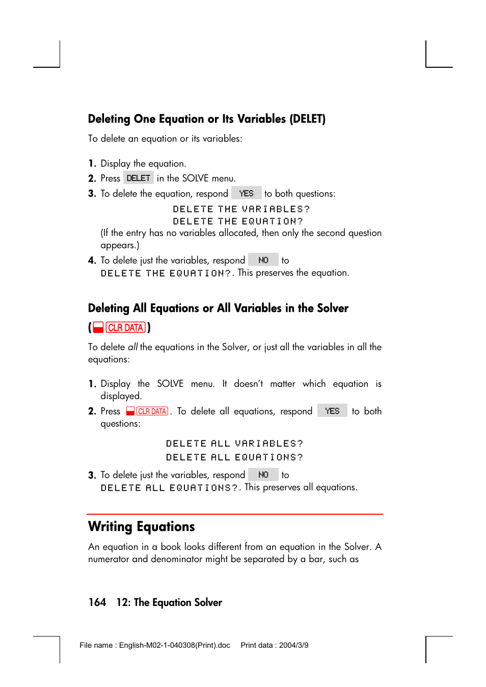 Deleting one equation or its variables (delet), Writing equations | HP 17bII+ User Manual | Page 164 / 310