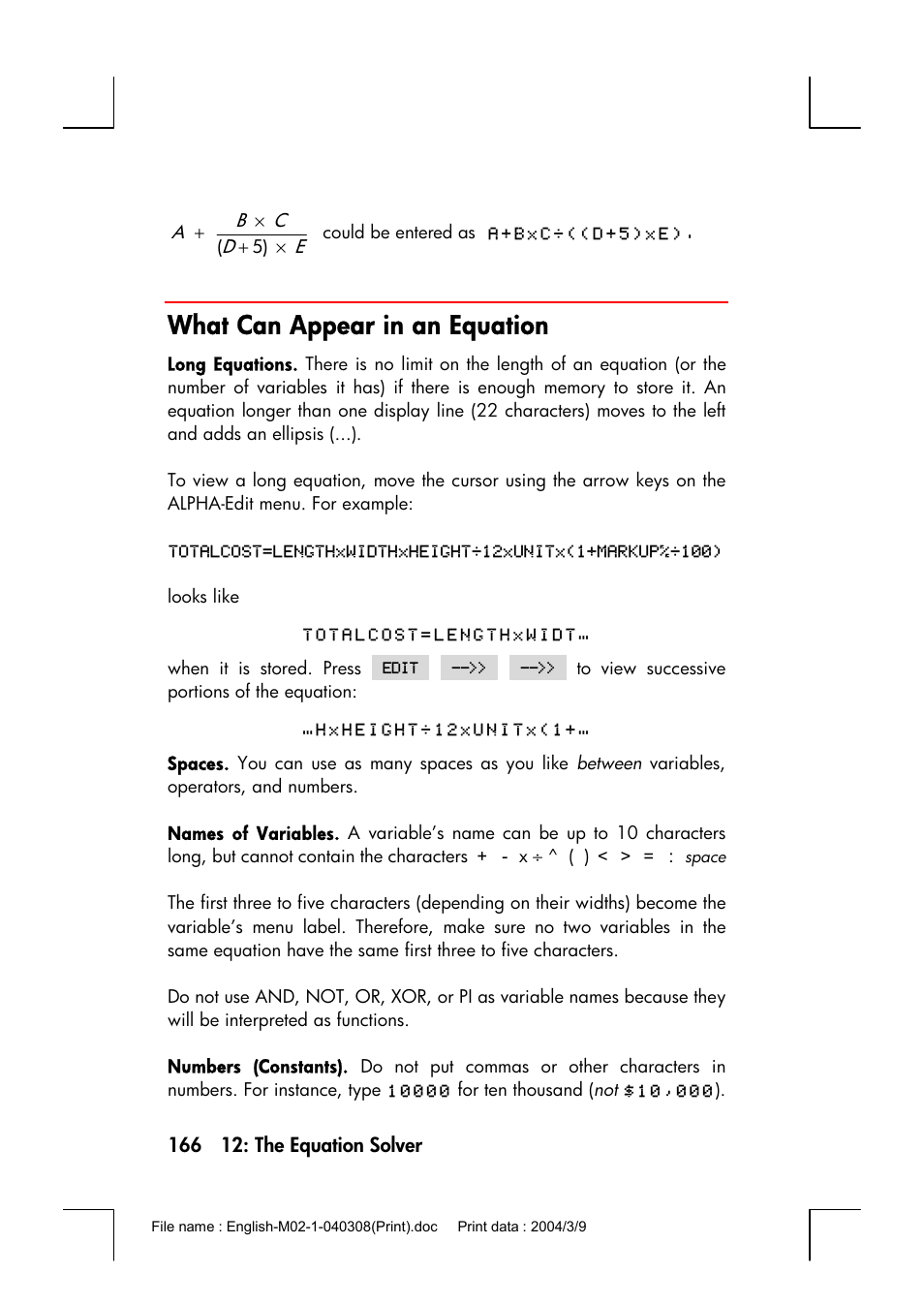 What can appear in an equation | HP 17bII+ User Manual | Page 166 / 310