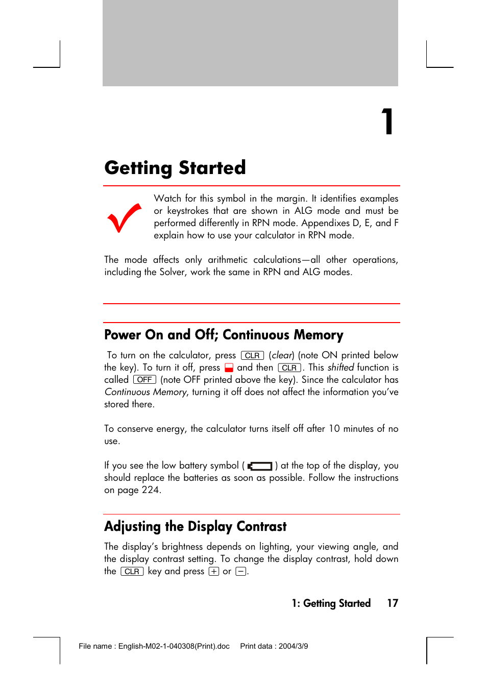 Getting started, Power on and off; continuous memory, Adjusting the display contrast | HP 17bII+ User Manual | Page 17 / 310