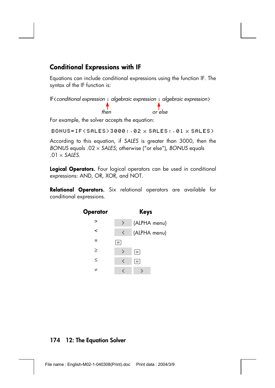 Conditional expressions with if | HP 17bII+ User Manual | Page 174 / 310