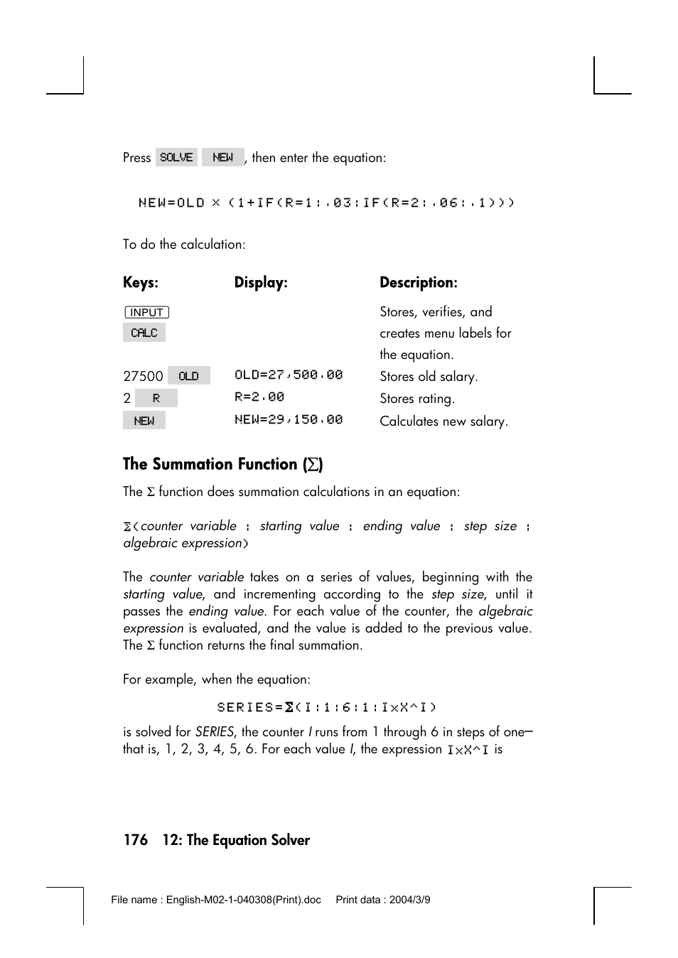 The summation function ((), The summation function ( ∑ ) | HP 17bII+ User Manual | Page 176 / 310