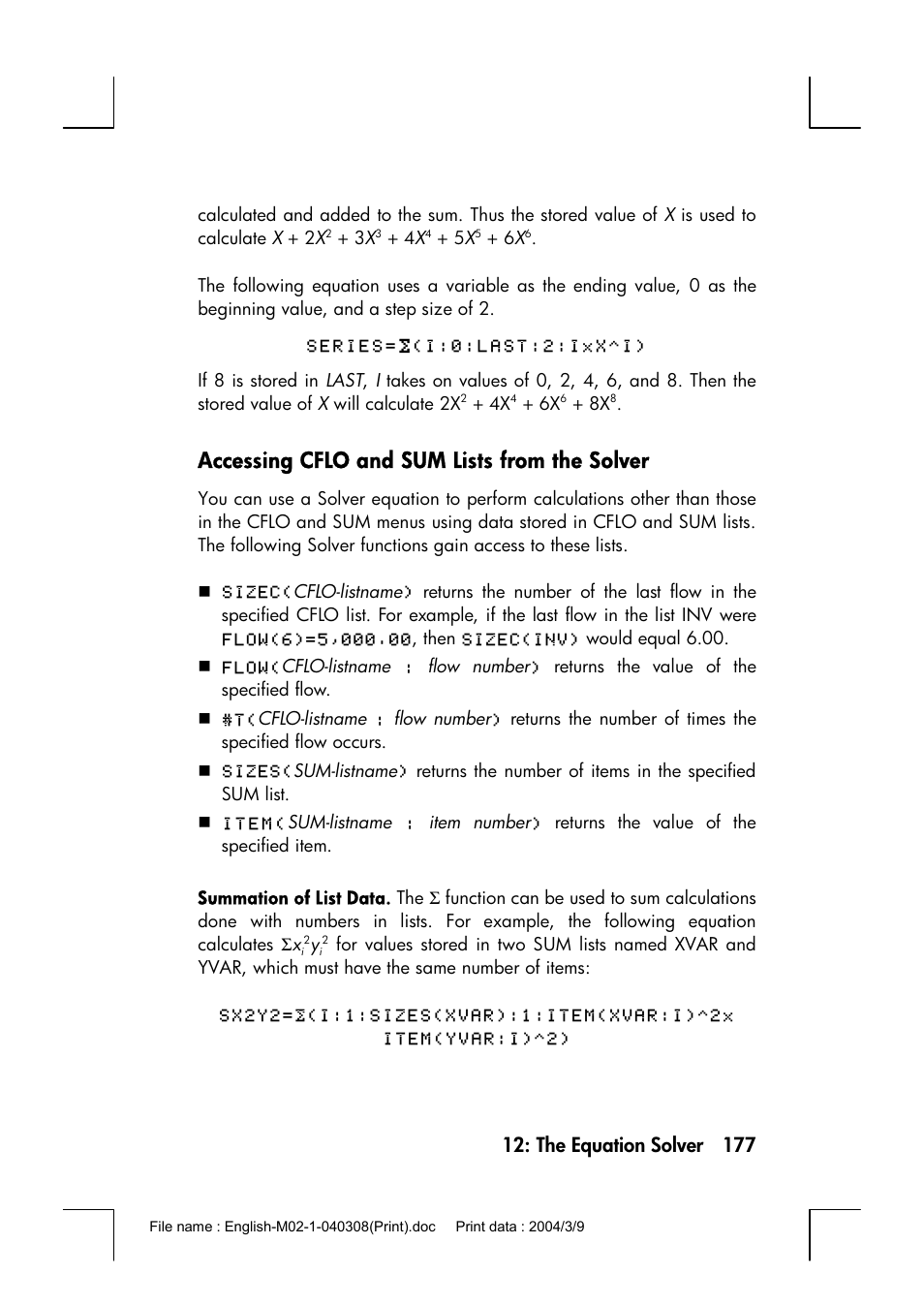 Accessing cflo and sum lists from the solver | HP 17bII+ User Manual | Page 177 / 310