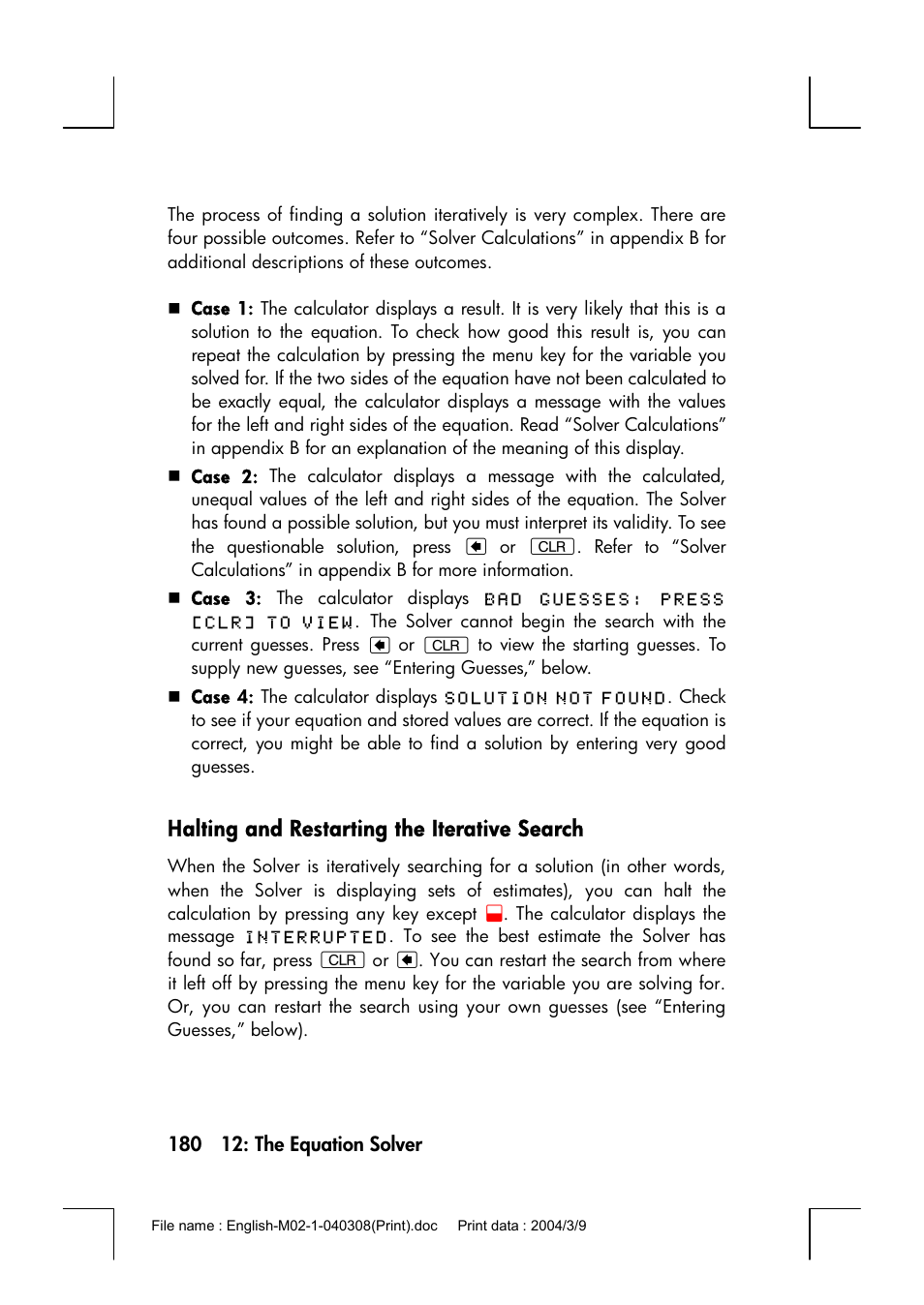 Halting and restarting the iterative search | HP 17bII+ User Manual | Page 180 / 310