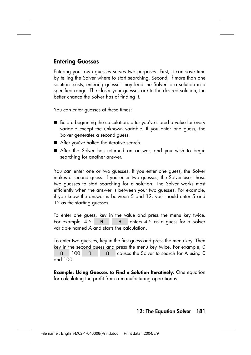 Entering guesses | HP 17bII+ User Manual | Page 181 / 310
