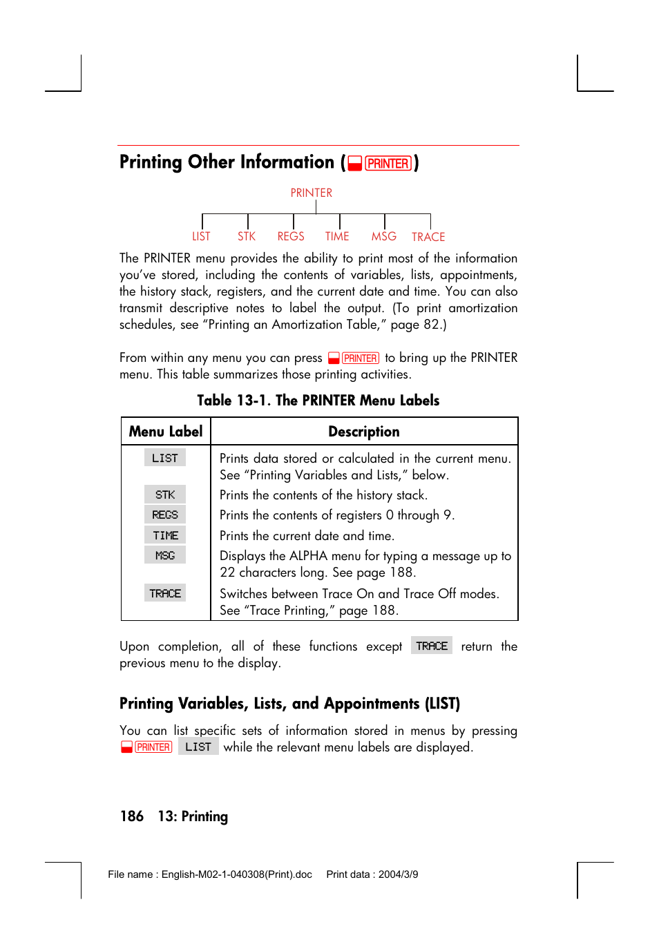 Printing other information (@p), Printing variables, lists, and appointments (list), Printing other information | HP 17bII+ User Manual | Page 186 / 310