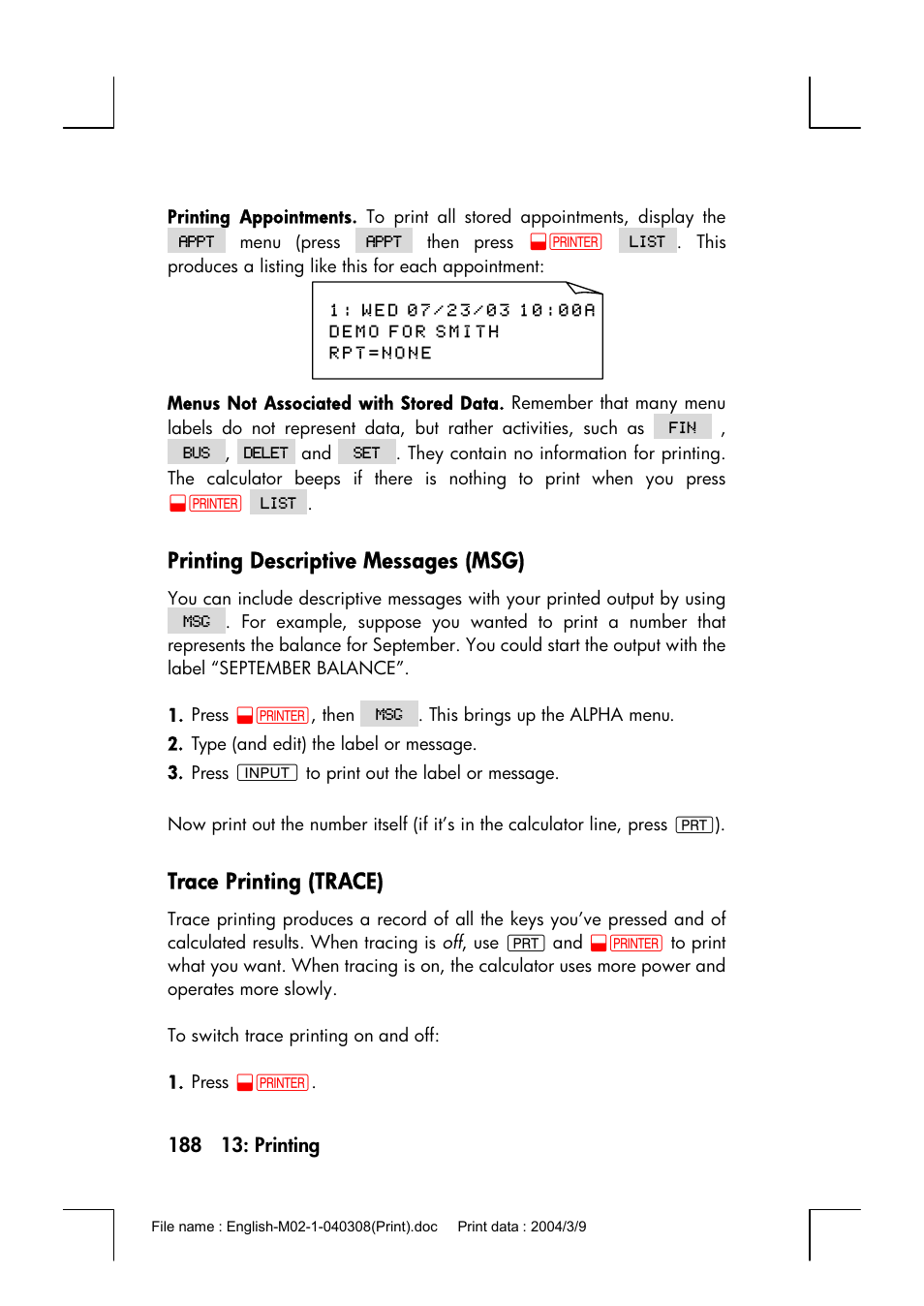 Printing descriptive messages (msg), Trace printing (trace) | HP 17bII+ User Manual | Page 188 / 310